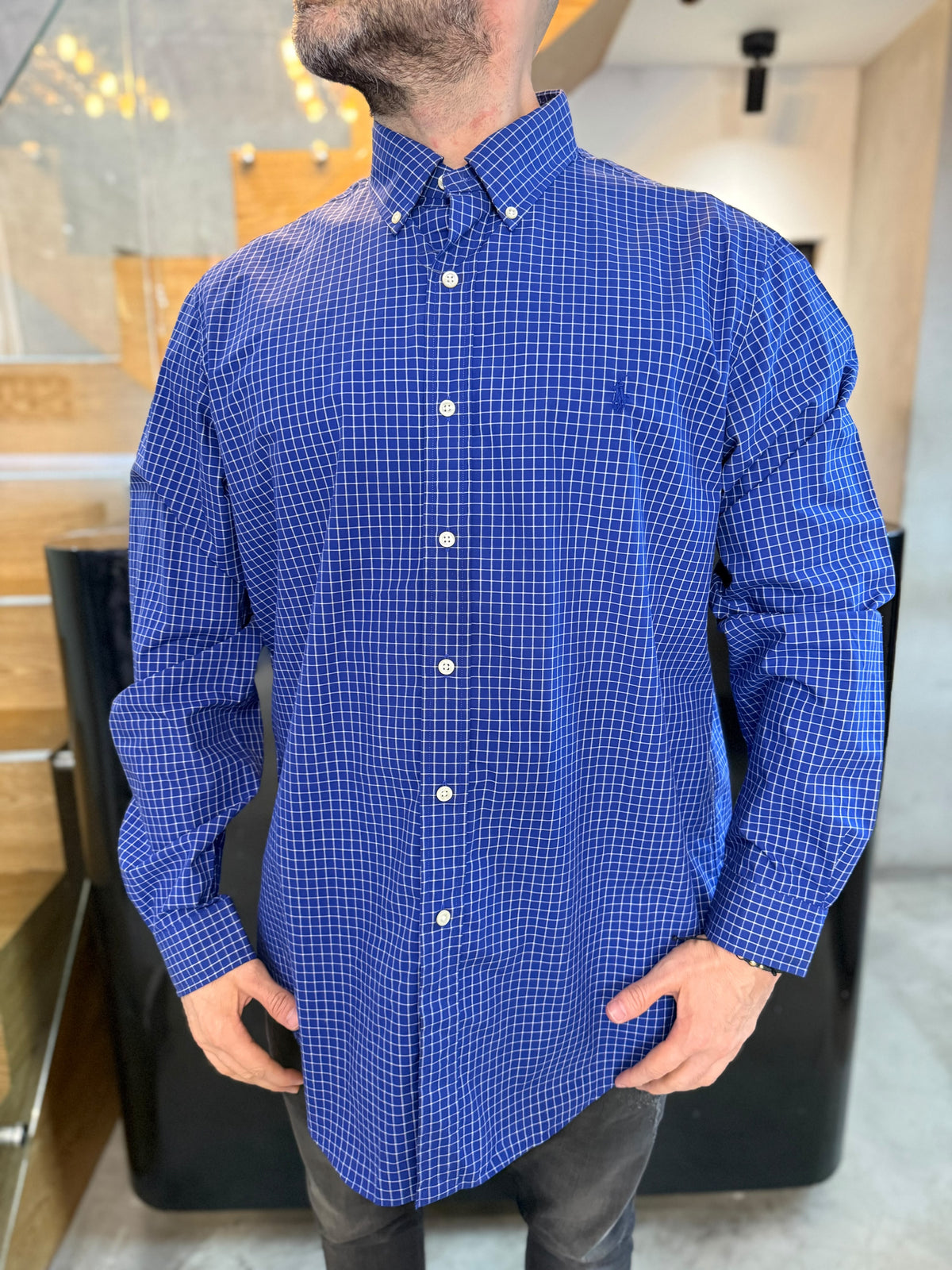 Camisa Polo R.L hombre Algodón Cuadros Azul Oscuro Con Blanco Caballo Azul
