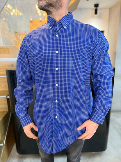 Camisa Polo R.L hombre Algodón Cuadros Azul Oscuro Con Blanco Caballo Azul