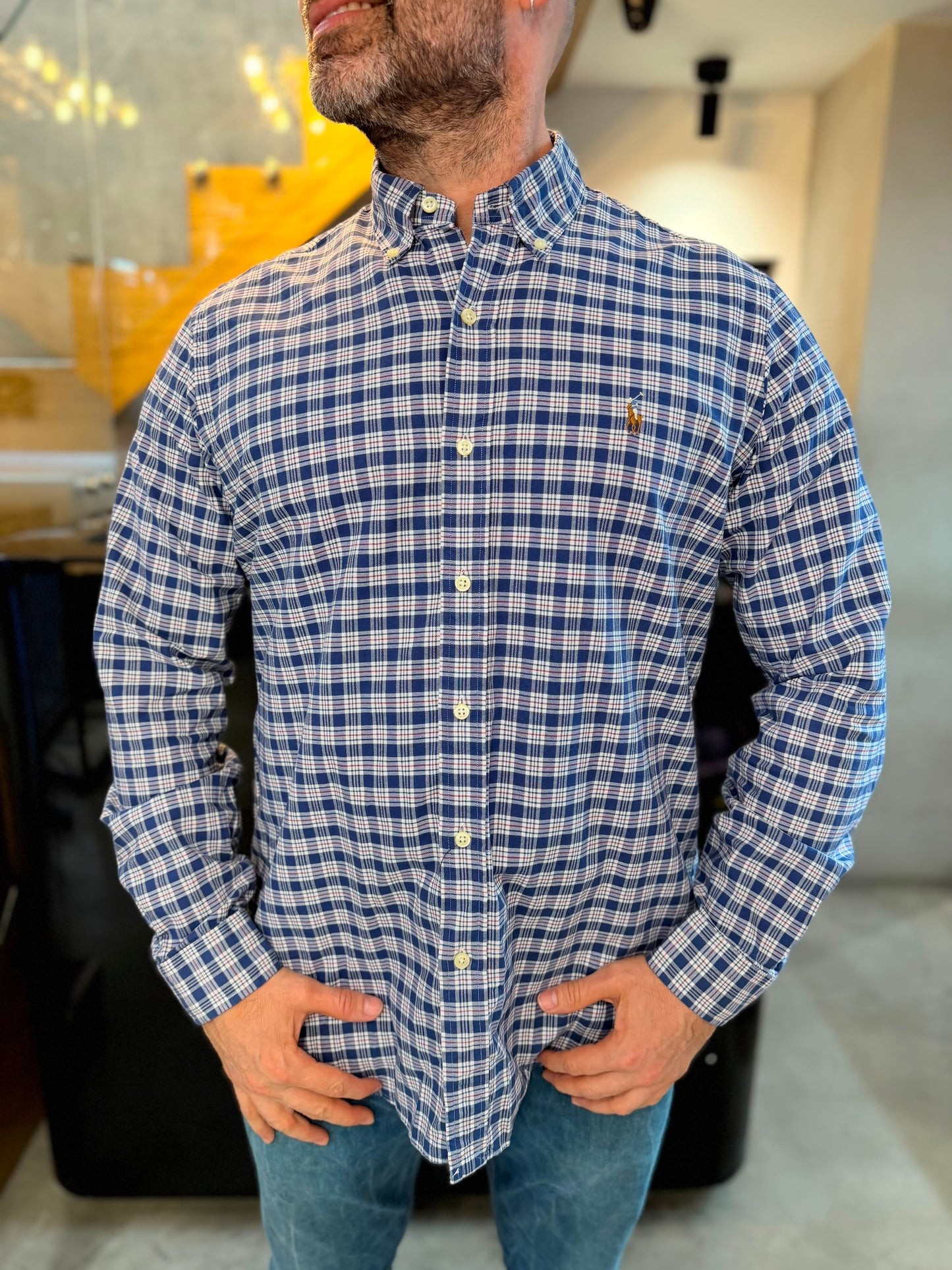 Camisa Polo R.L hombre Oxford Cuadros Azules Oscuros Caballo Multicolor