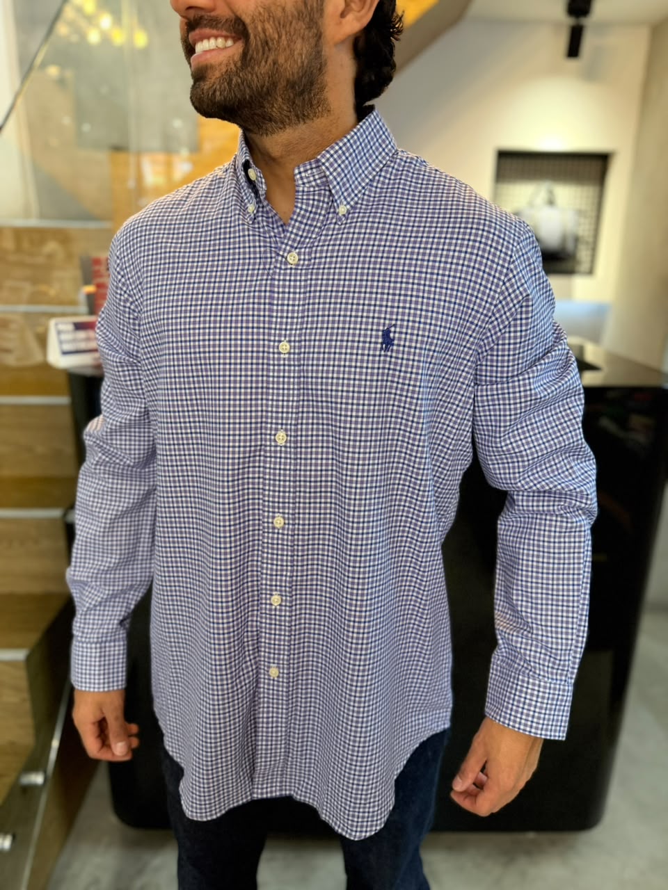 Camisa Polo R.L hombre Algodón Cuadros Uva Con Morado Caballo Azul