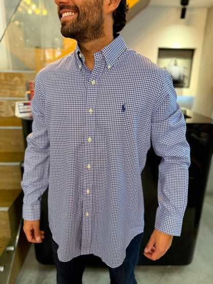 Camisa Polo R.L hombre Algodón Cuadros Uva Con Morado Caballo Azul