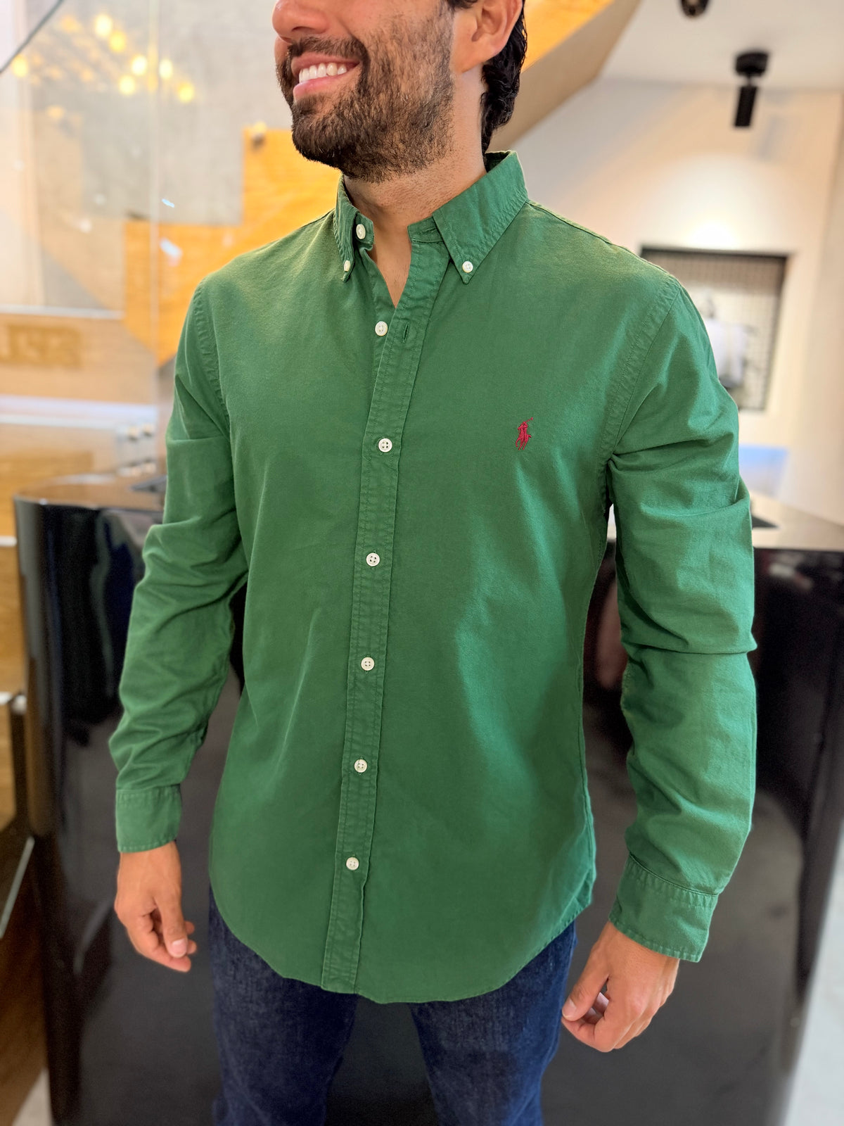 Camisa Polo R.L hombre Oxford Slim Fit Verde Militar Caballo Rojo