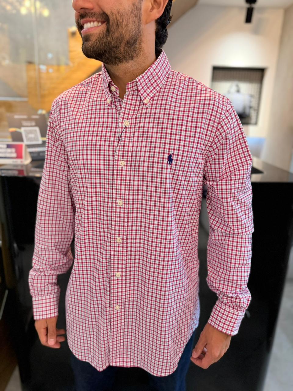 Camisa Polo R.L hombre Performance Cuadros Rosados Caballo Azul
