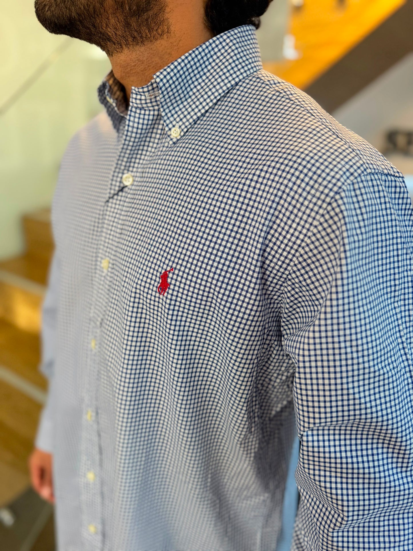 Camisa Polo R.L hombre Algodón Cuadros Azules Con Blanco Caballo Vino Tinto