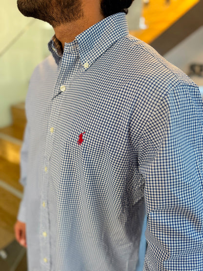 Camisa Polo R.L hombre Algodón Cuadros Azules Con Blanco Caballo Vino Tinto