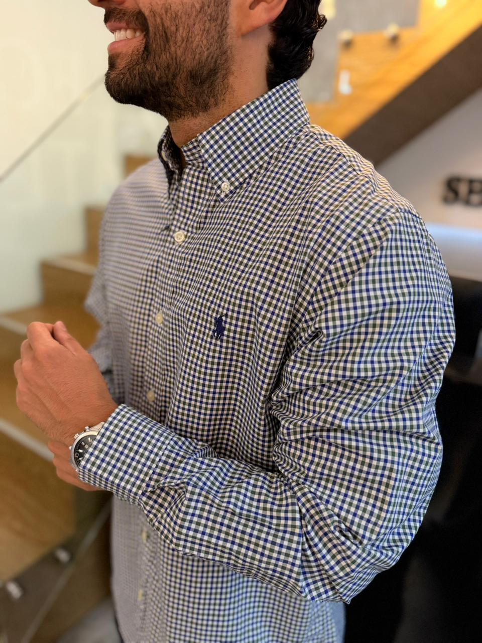 Camisa Polo R.L hombre Algodón Cuadros Verdes Con Azul Caballo Azul