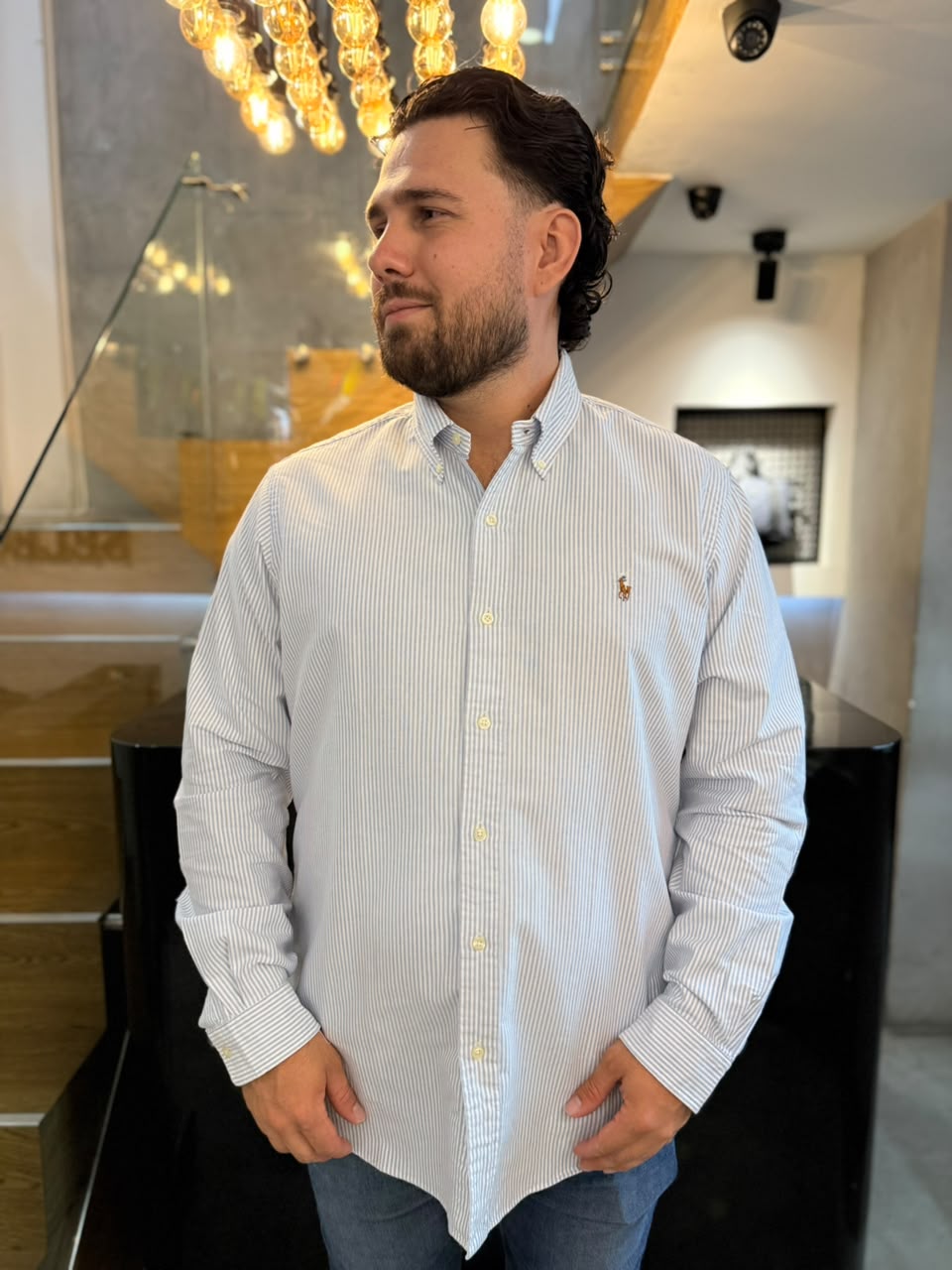 Camisa Polo R.L hombre Oxford Rayas Celestes Caballo Multicolor