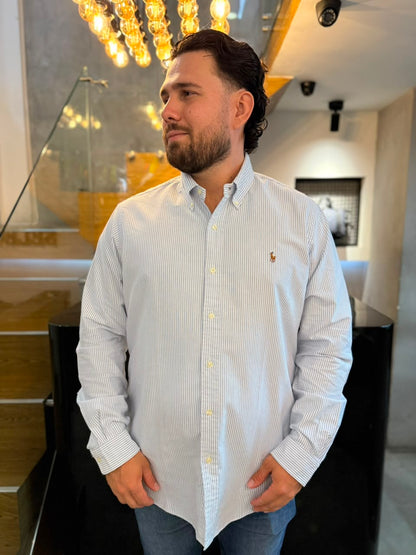 Camisa Polo R.L hombre Oxford Rayas Celestes Caballo Multicolor