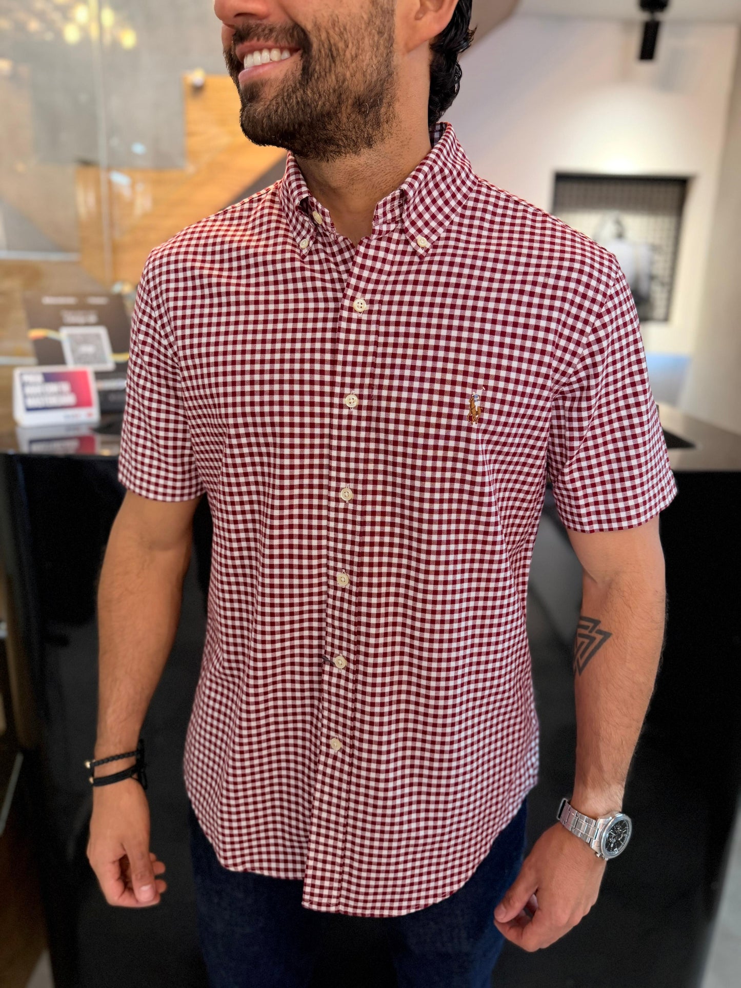 Camisa Polo R.L hombre Manga Corta Oxford Cuadros Vinotinto Con Blanco Caballo Multicolor