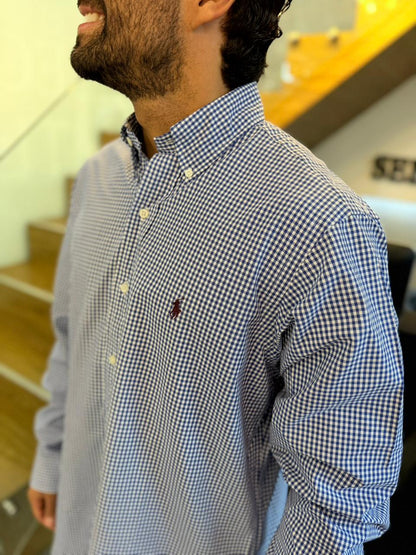 Camisa Polo R.L hombre Algodón Cuadros Azules Con Blanco Caballo Uva
