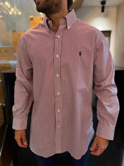 Camisa Polo R.L hombre Algodón Rayas Vinotinto Con Blanco Caballo Azul
