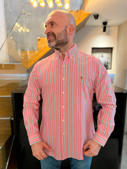 Camisa Polo R.L hombre Oxford Custom Fit Rayas Coral Con Azul Caballo Multicolor