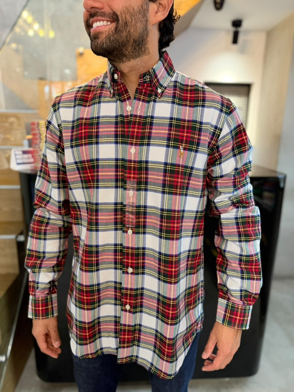 Camisa Polo R.L hombre Oxford Cuadros Rojos Con Blanco Caballo Multicolor