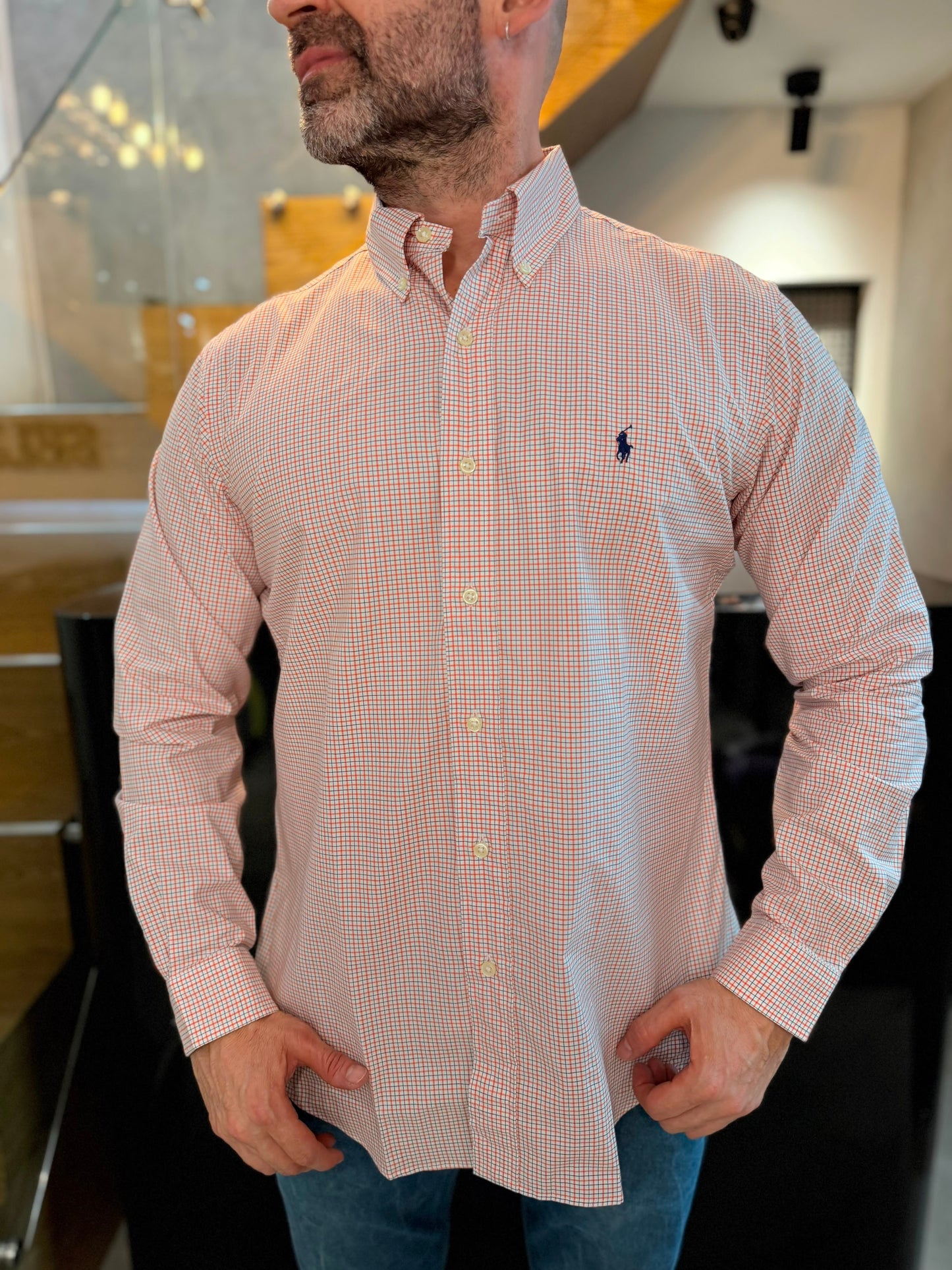 Camisa Polo R.L hombre Algodón Custom Fit Cuadros Naranjas Caballo Azul