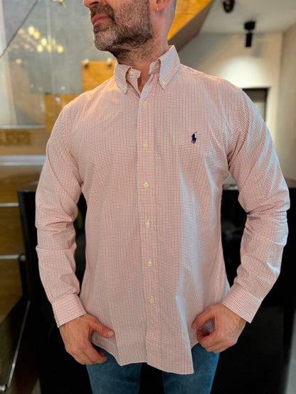 Camisa Polo R.L hombre Algodón Custom Fit Cuadros Naranjas Caballo Azul