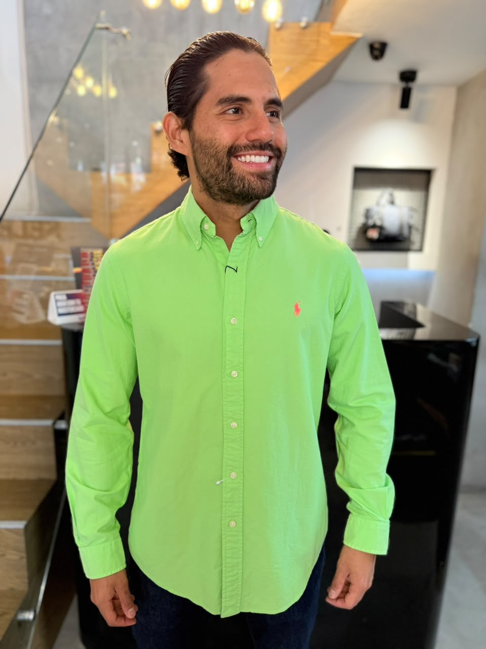 Camisa Polo R.L hombre Oxford Verde Limón Caballo Rosa Fluorescente