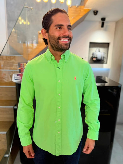 Camisa Polo R.L hombre Oxford Verde Limón Caballo Rosa Fluorescente
