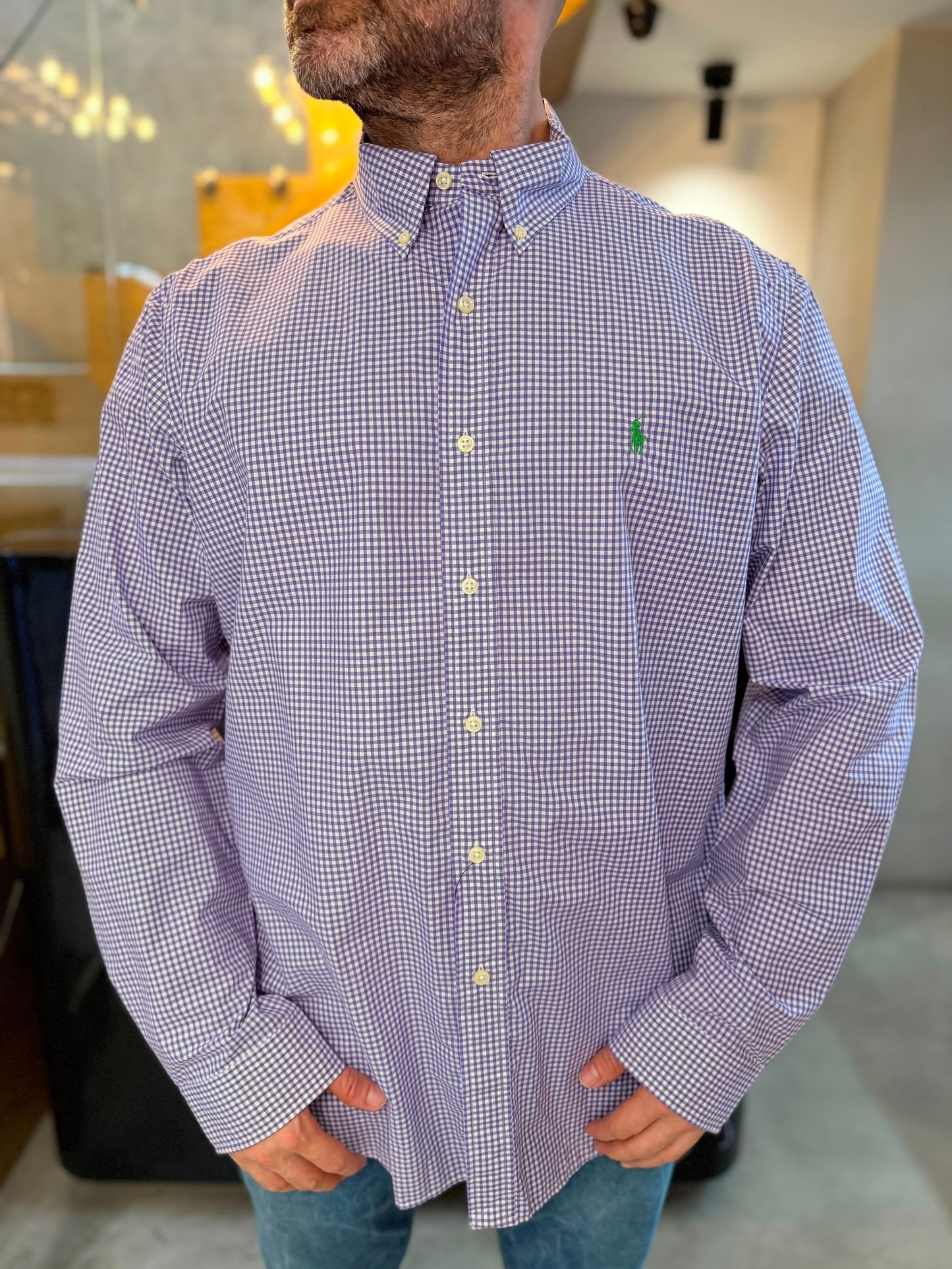 Camisa Polo R.L hombre Algodón Cuadros Morados Con Blanco Caballo Verde