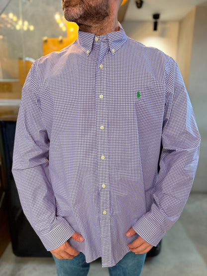 Camisa Polo R.L hombre Algodón Cuadros Morados Con Blanco Caballo Verde