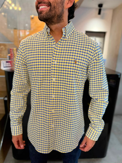 Camisa Polo R.L hombre Oxford Cuadros Amarillos Con Azul Caballo Multicolor