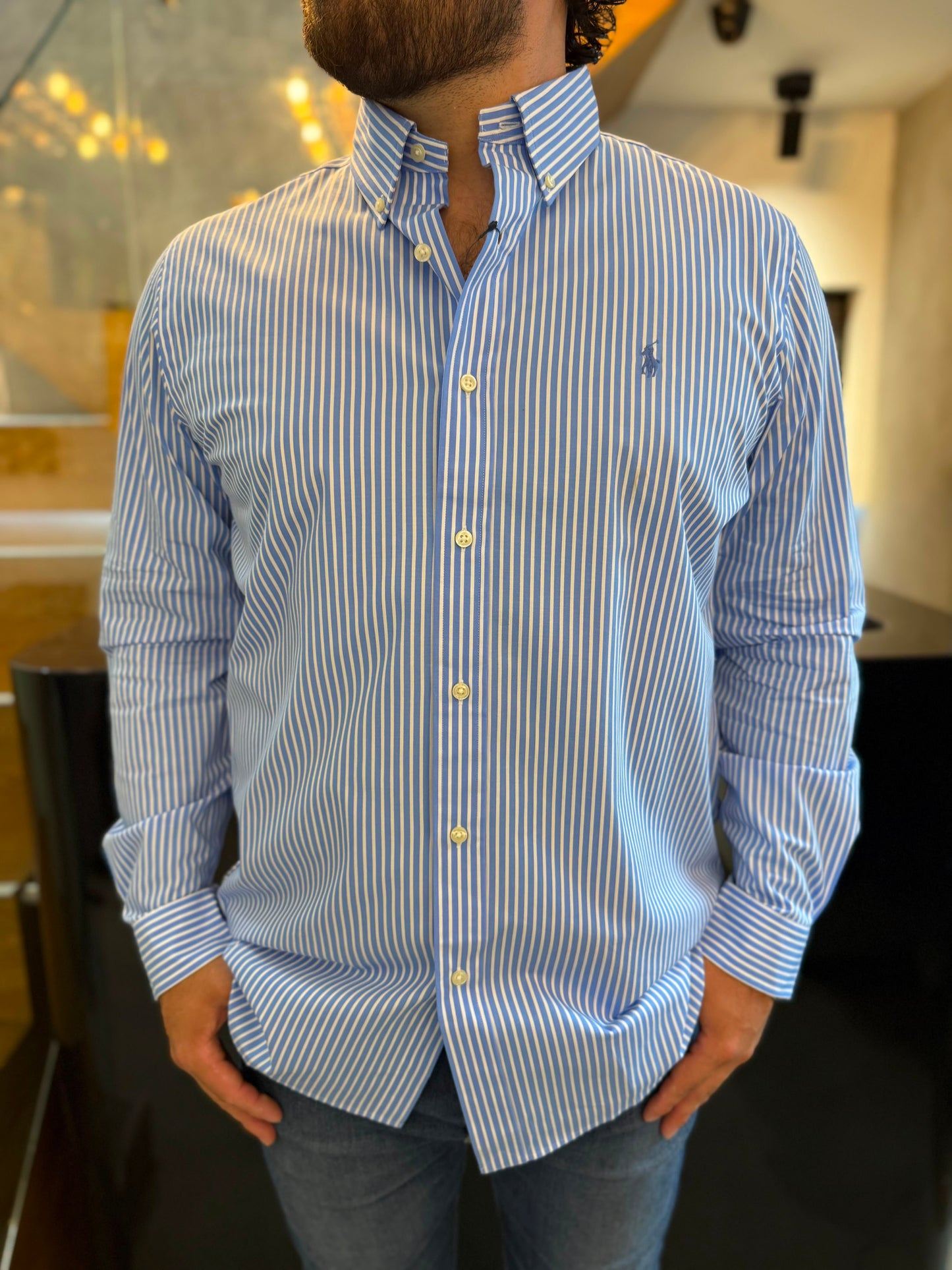 Camisa Polo R.L hombre Algodón Rayas Celestes Caballo Celeste