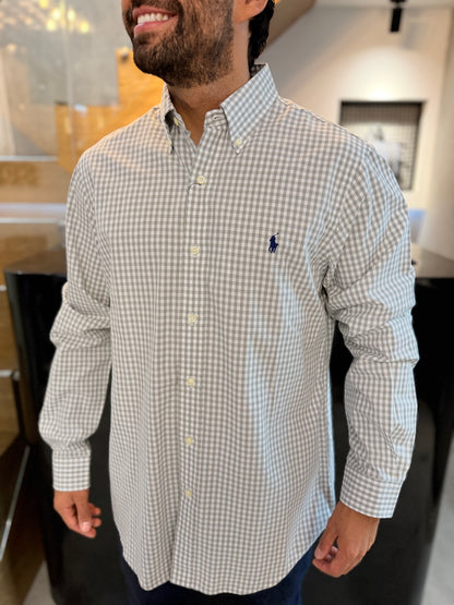 Camisa Polo R.L hombre Algodón Cuadros Grises Con Blanco Caballo Azul