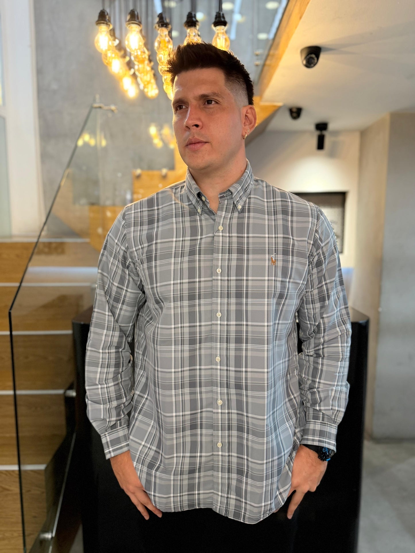 Camisa Polo R.L hombre Algodón Cuadros Gris Caballo Multicolor