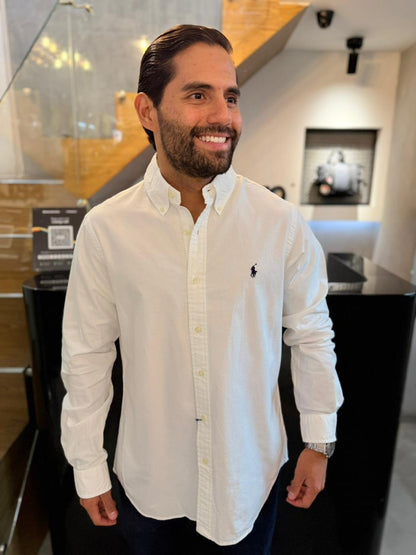Camisa Polo R.L hombre Oxford Blanca Caballo Azul
