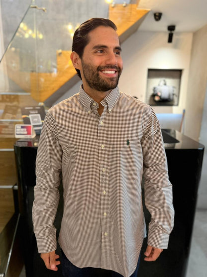 Camisa Polo R.L hombre Algodón Cuadros Cafés Con Blanco Caballo Verde