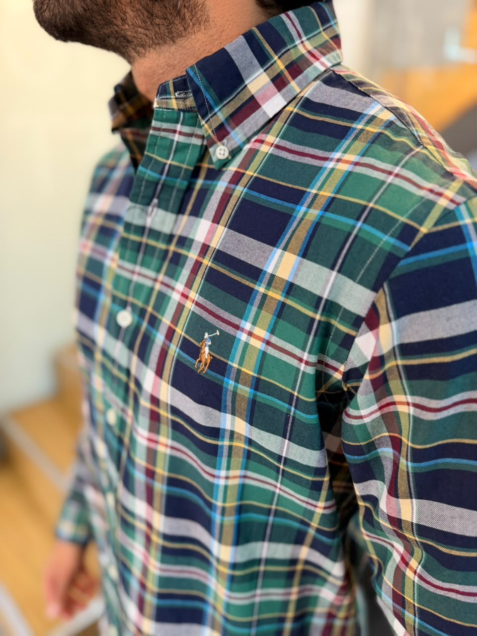 Camisa Polo R.L hombre Oxford Cuadros Verdes con Azul Caballo Multicolor