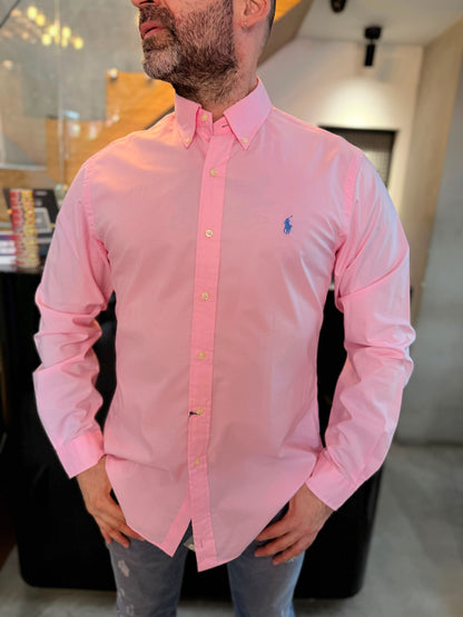 Camisa Polo R.L hombre Algodón Slim Fit Rosada Caballo Celeste
