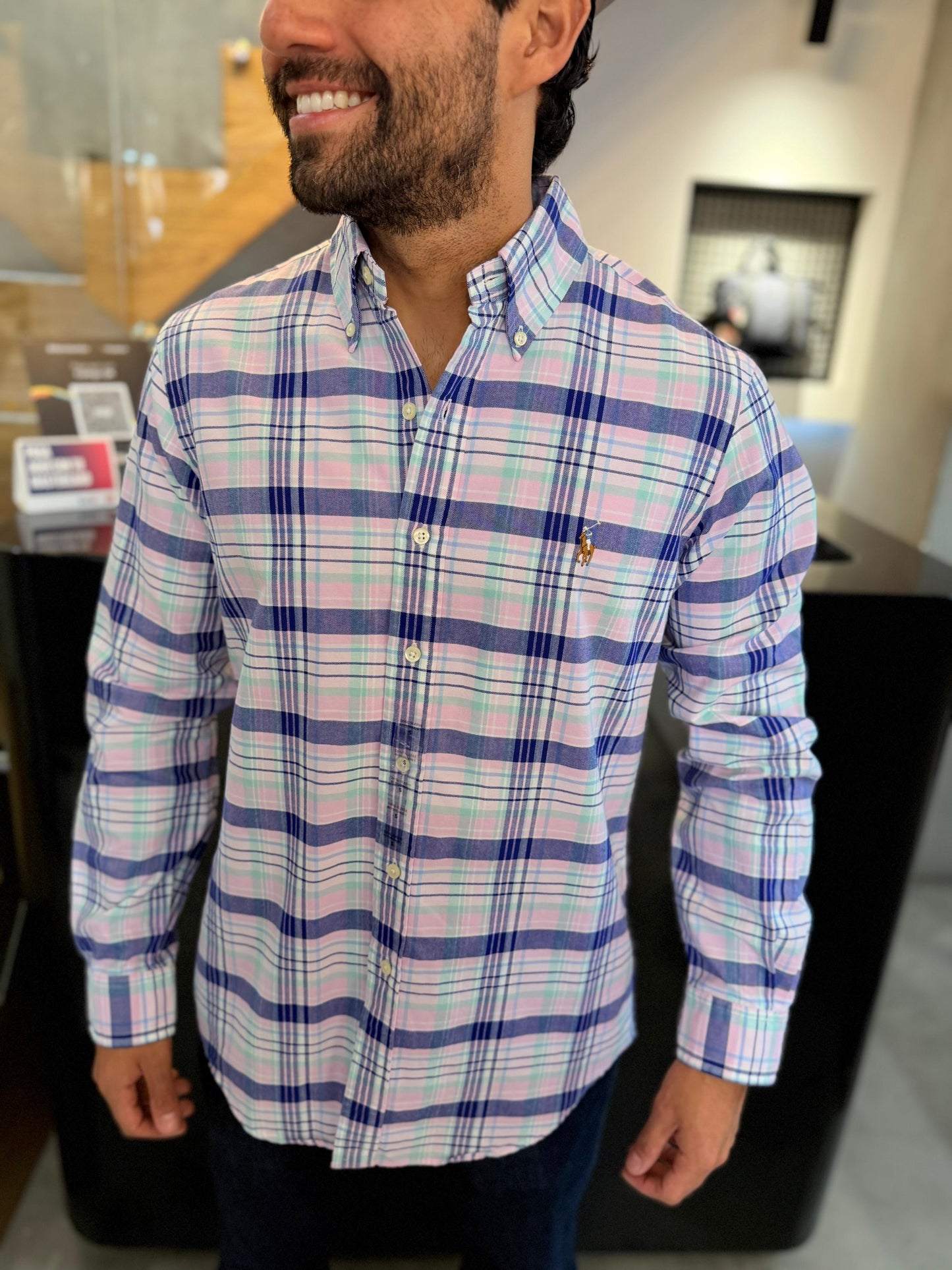Camisa Polo R.L hombre Oxford Cuadros Rosados Con Azul Caballo Multicolor