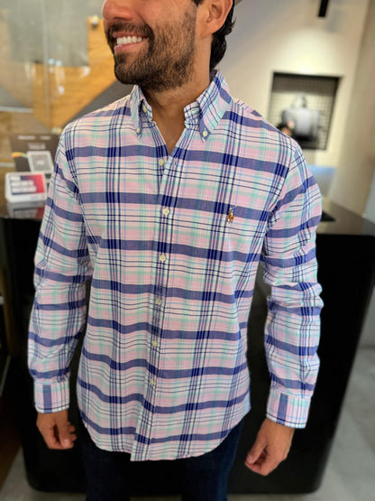 Camisa Polo R.L hombre Oxford Cuadros Rosados Con Azul Caballo Multicolor