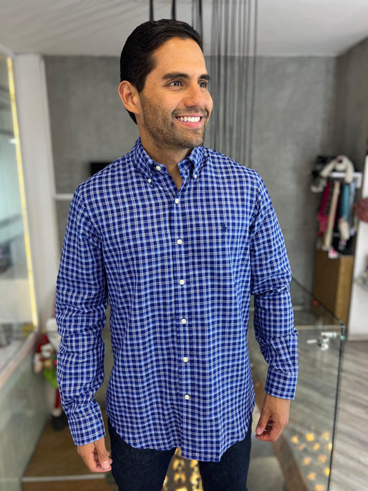 Camisa Polo R.L hombre Algodón Cuadros Azules Caballo Azul