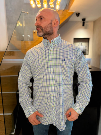Camisa Polo R.L hombre Algodón Cuadros Blancos Con Verde Caballo Azul