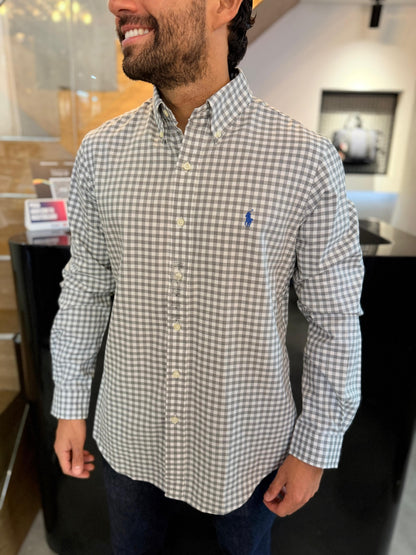 Camisa Polo R.L hombre Algodón Cuadros Grises Con Blanco Caballo Celeste