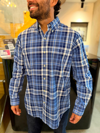 Camisa Polo R.L hombre Algodón Cuadros Azules Con Blanco Caballo Azul