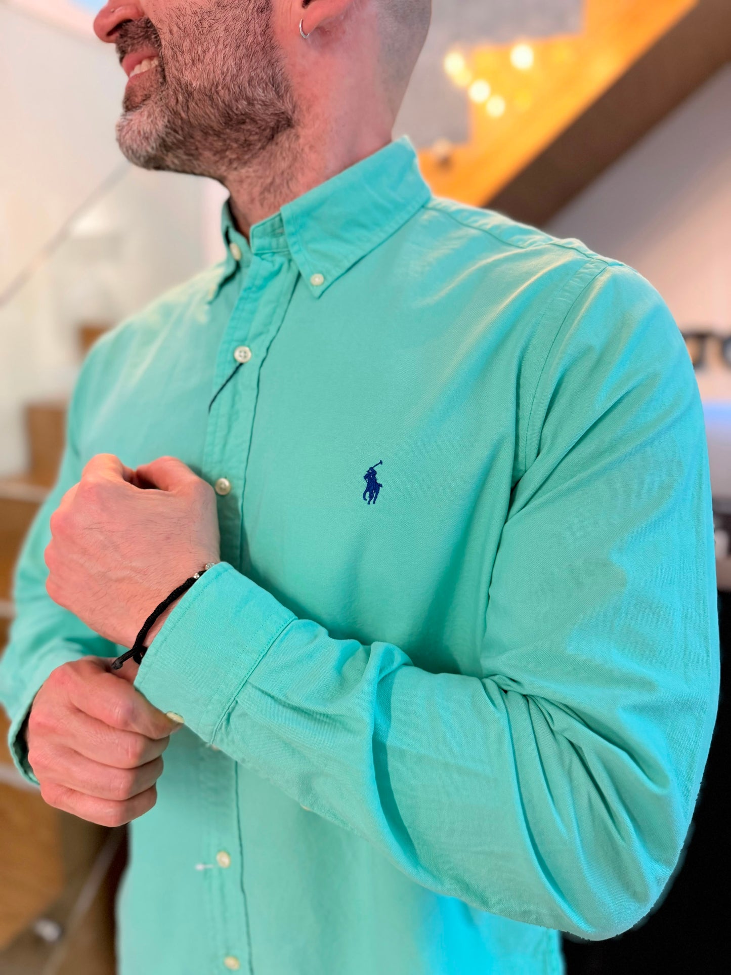 Camisa Polo R.L hombre Oxford Verde Menta Caballo Azul