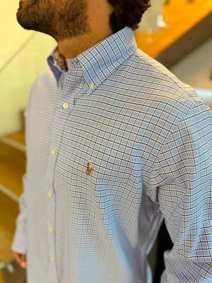 Camisa Polo R.L hombre Algodón Cuadros Celestes Con Negro Caballo Multicolor