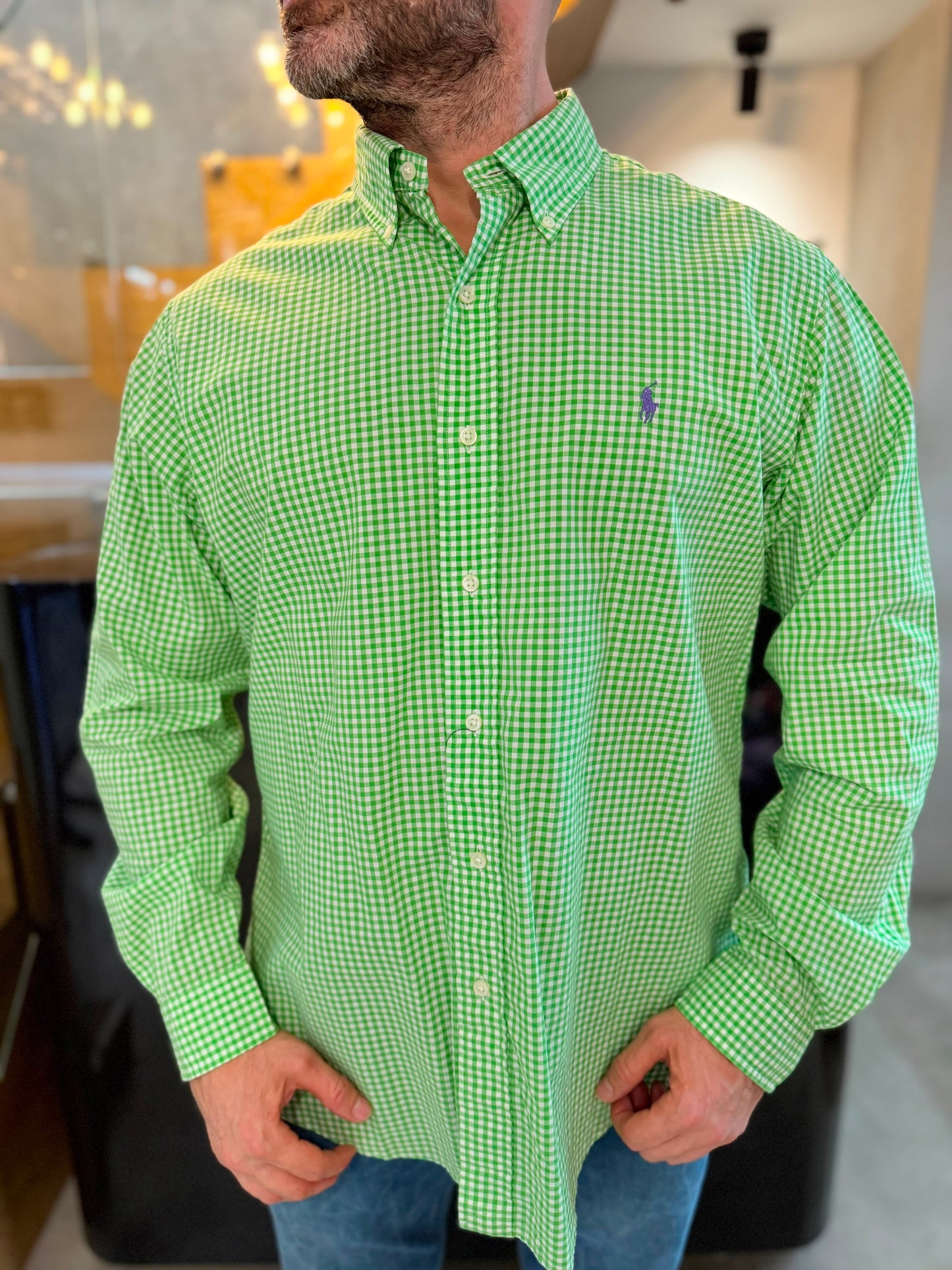 Camisa Polo R.L hombre Algodón Custom Fit Cuadros Verdes Con Blanco Caballo Morado