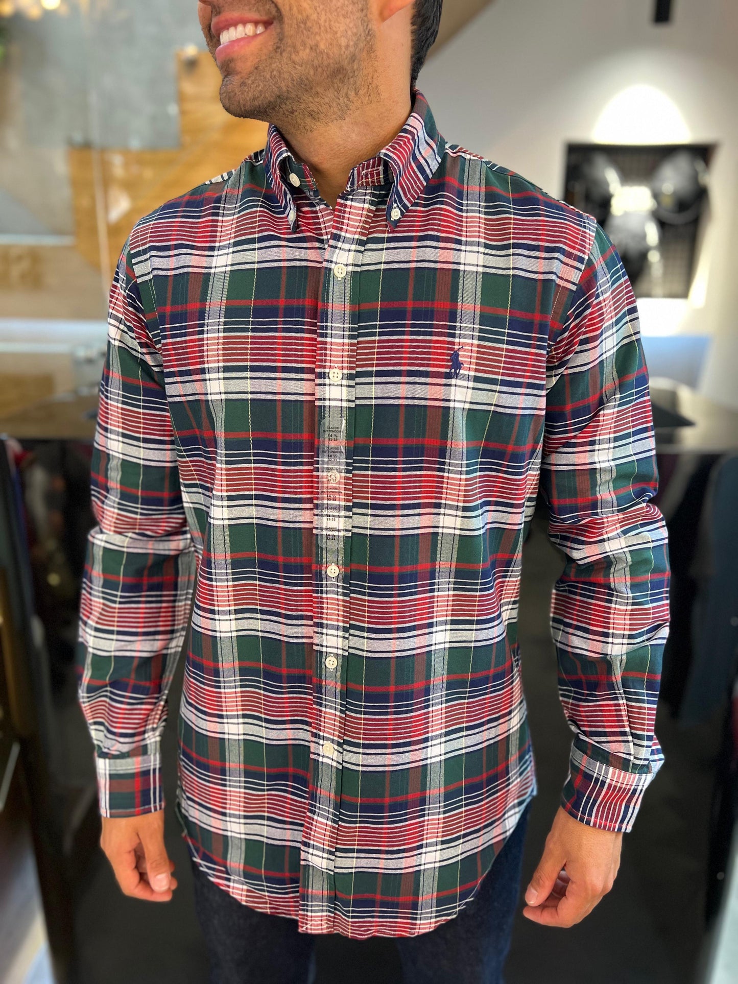 Camisa Polo R.L hombre Oxford Cuadros Caballo Azul