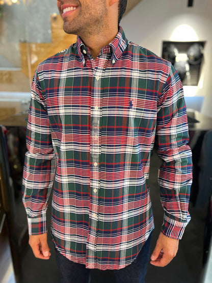 Camisa Polo R.L hombre Oxford Cuadros Caballo Azul