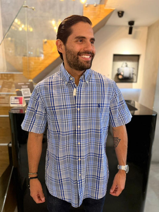 Camisa Polo R.L hombre Manga Corta Galleta Cuadros Azules Caballo Azul
