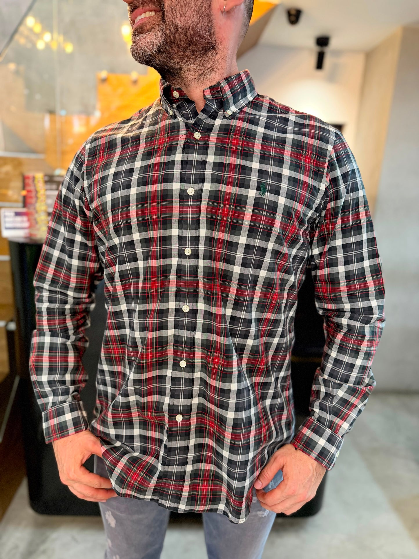 Camisa Polo R.L hombre Algodón Cuadros Grises Con Rojo Caballo Verde