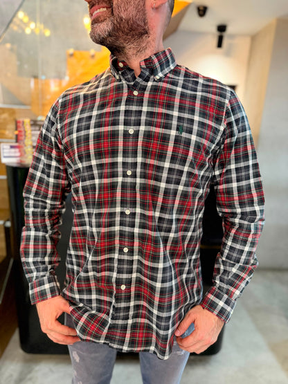 Camisa Polo R.L hombre Algodón Cuadros Grises Con Rojo Caballo Verde