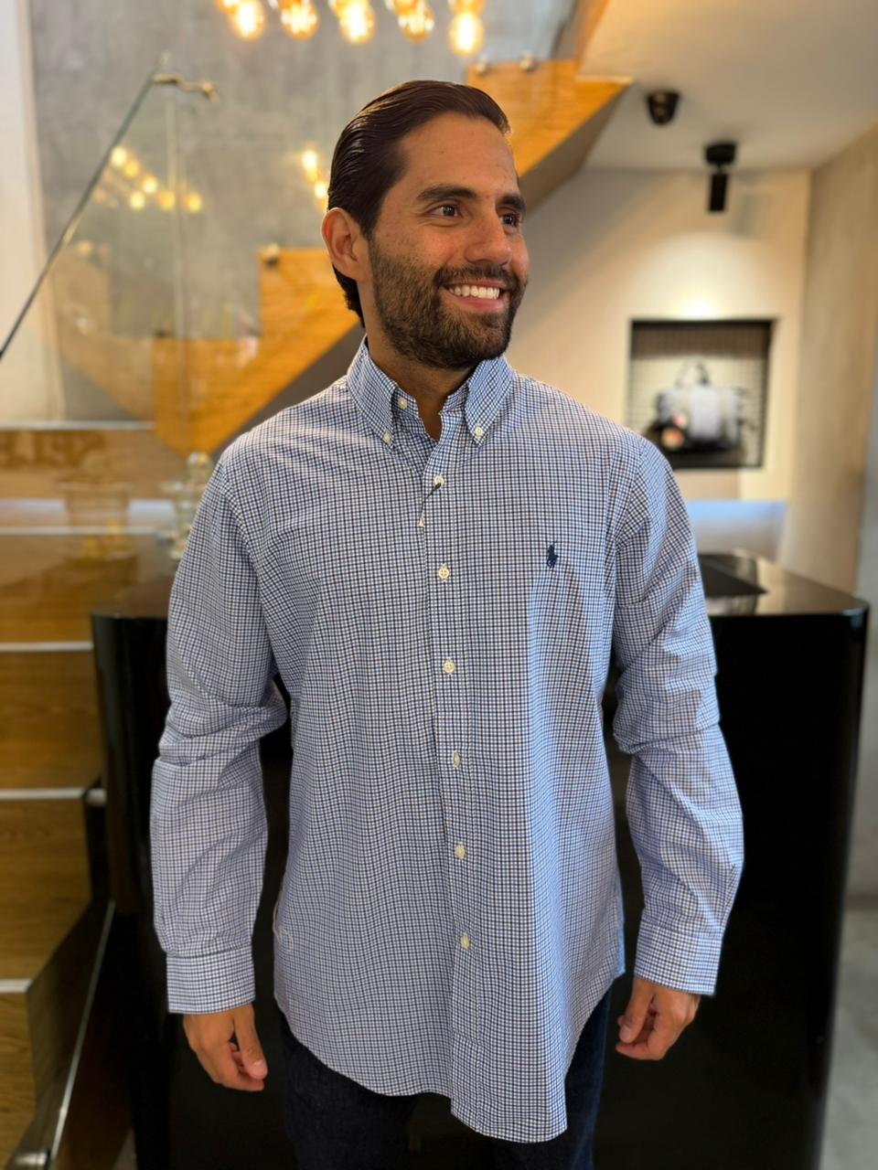 Camisa Polo R.L hombre Algodón Cuadros Azules Con Blanco Caballo Azul