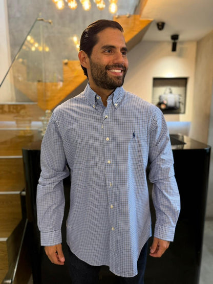 Camisa Polo R.L hombre Algodón Cuadros Azules Con Blanco Caballo Azul