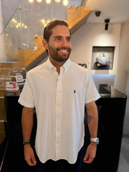Camisa Polo R.L hombre Manga Corta Performance Blanca Caballo Azul
