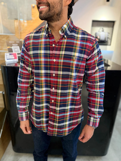 Camisa Polo R.L hombre Oxford Cuadros Rojos Con Azul Oscuro Caballo Multicolor