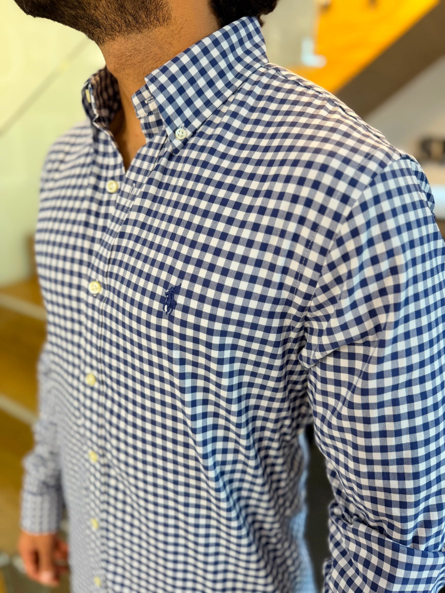 Camisa Polo R.L hombre Algodón Performance Cuadros Azules Con Blanco Caballo Azul